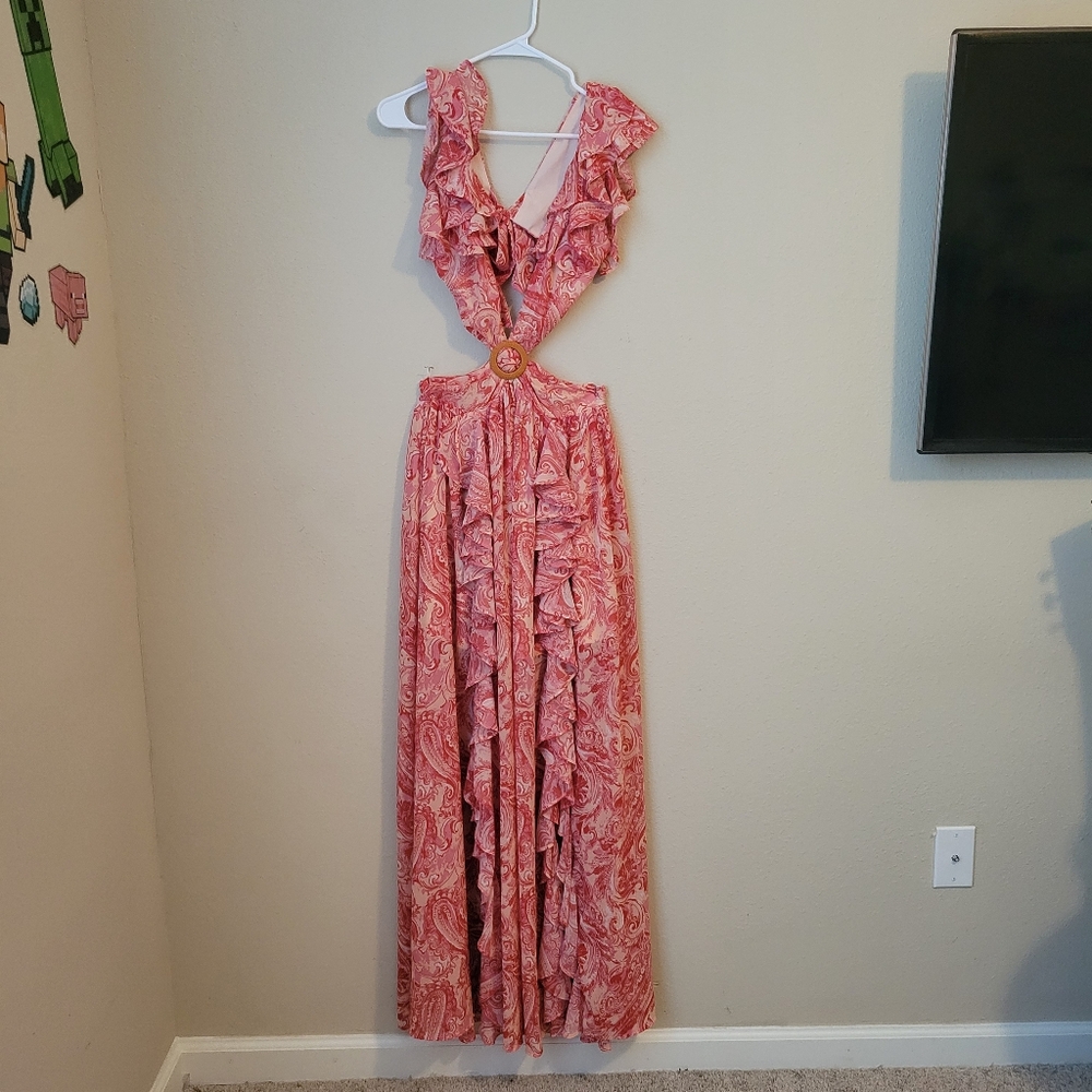 FLYING TOMATO CUTOUT WAIST TIE BACK RUFFLE MAXI